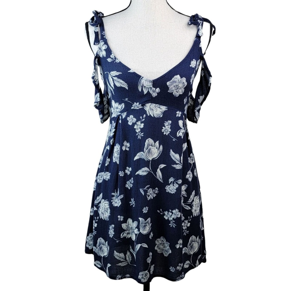 Full Tilt Blue Floral Dress Juniors S Plunge Neckline Mini Fit & Flare Summer